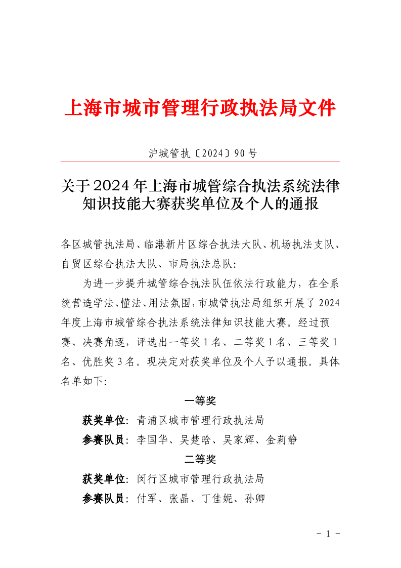 沪城管执〔2024〕90号-关于2024年上海市城管综合执法系统法律知识技能大赛获奖单位及个人的通报_page_1.bmp